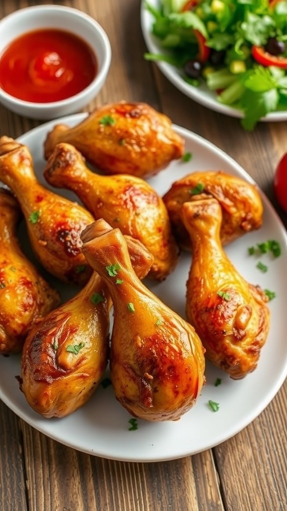 Crispy oven-baked chicken drumsticks on a plate, garnished with herbs, with dipping sauce and salad on the side.